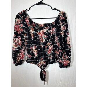 Floral Tie-Front Top Blouse Ruched Neckline 3/4‎ Sleeves Romantic Cottagecore